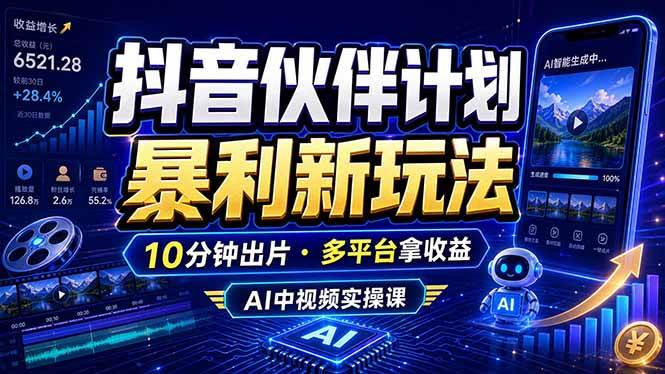 (6.14)抖音伙伴计划最新玩法，无需配音剪辑，10分钟出一条原创视频，轻松日入三位数