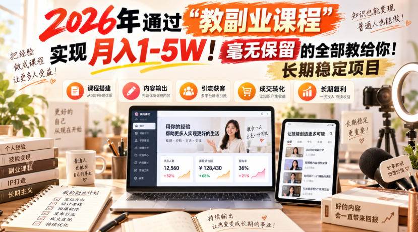 (9.16)2026年通过“教副业课程”实现月入1-5W！毫无保留的全部教给你！长期稳定项目