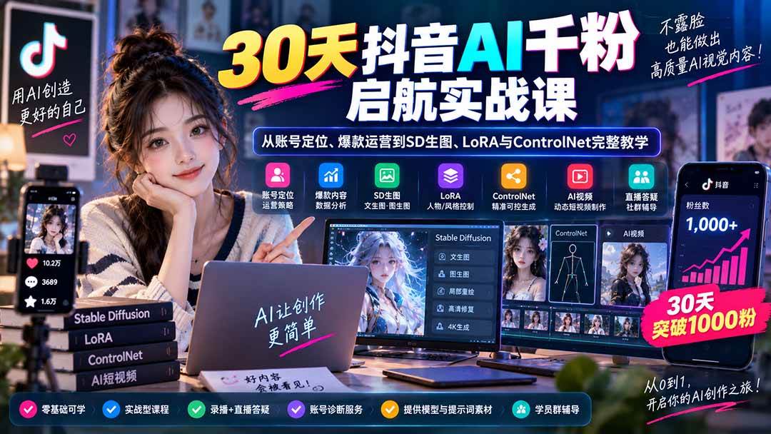 (9.07)30天抖音AI千粉启航实战课：从账号定位、爆款运营到SD生图、LoRA与ControlNet完整教学