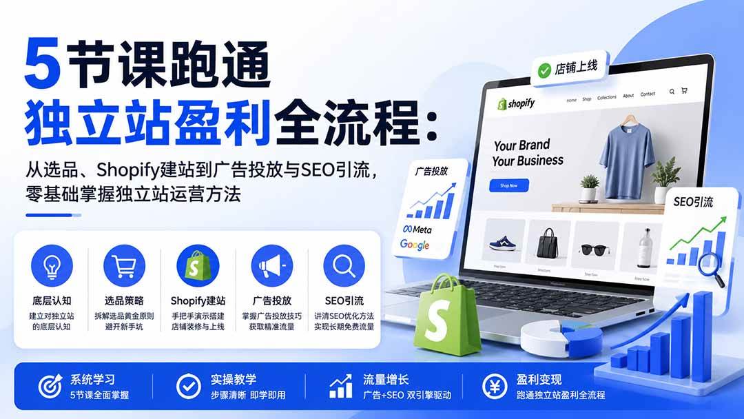 (9.03)5节课跑通独立站盈利全流程：从选品、Shopify建站到广告投放与SEO引流，零基础掌握独立站运营方法