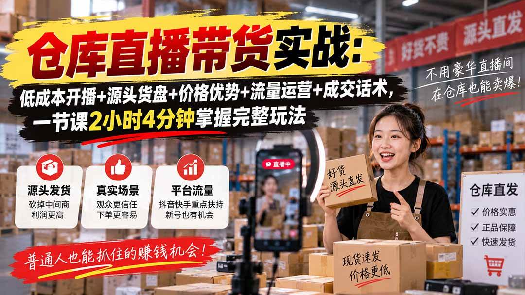 (9.16)仓库直播带货实战：低成本开播+源头货盘+价格优势+流量运营+成交话术，一节课2小时4分钟掌握完整玩法