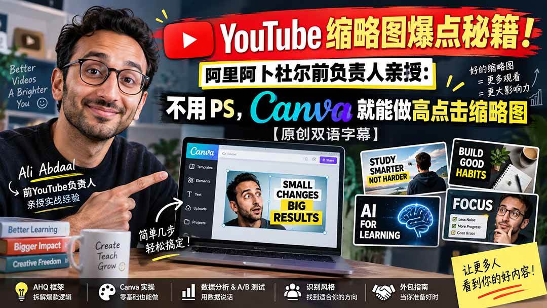 (9.16)YouTube 缩略图爆点秘籍！阿里阿卜杜尔前负责人亲授：不用 PS，Canva 就能做高点击缩略图【原创双语字幕】