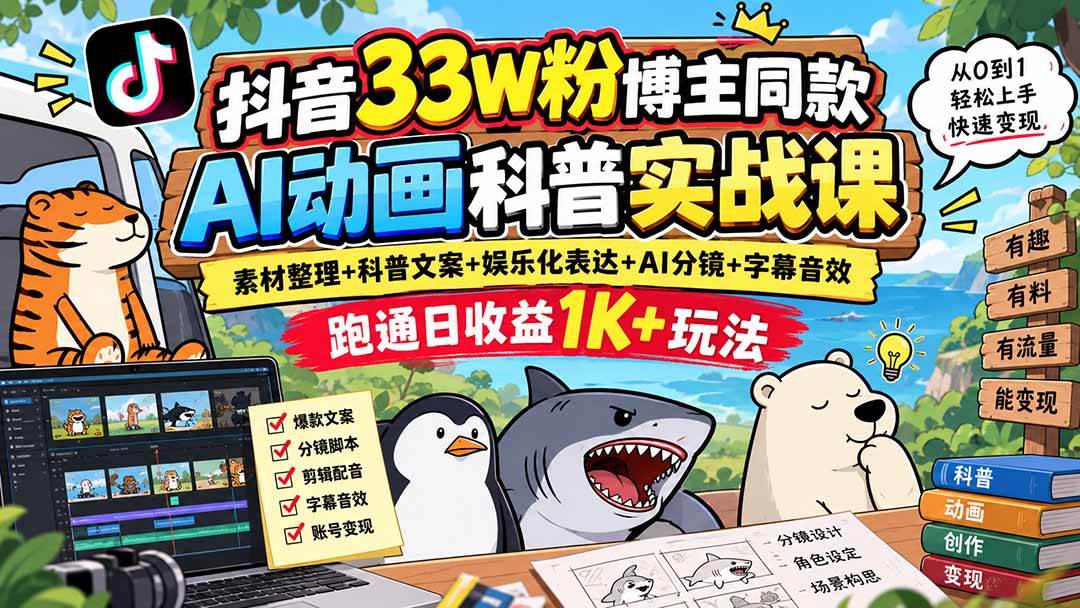 (9.17)抖音33W粉博主同款AI动画科普实战课｜素材整理+科普文案+娱乐化表达+AI分镜+字幕音效，跑通日收益1K+玩法