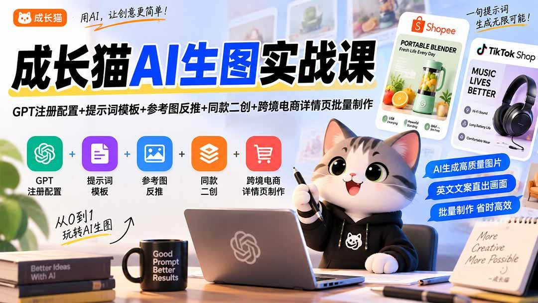 (9.16)成长猫AI生图实战课｜GPT注册配置+提示词模板+参考图反推+同款二创+跨境电商详情页批量制作