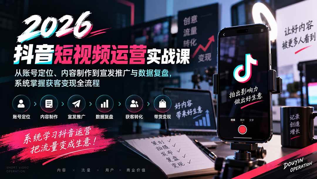 (9.13)2026抖音短视频运营实战课：从账号定位、内容制作到宣发推广与数据复盘，系统掌握获客变现全流程