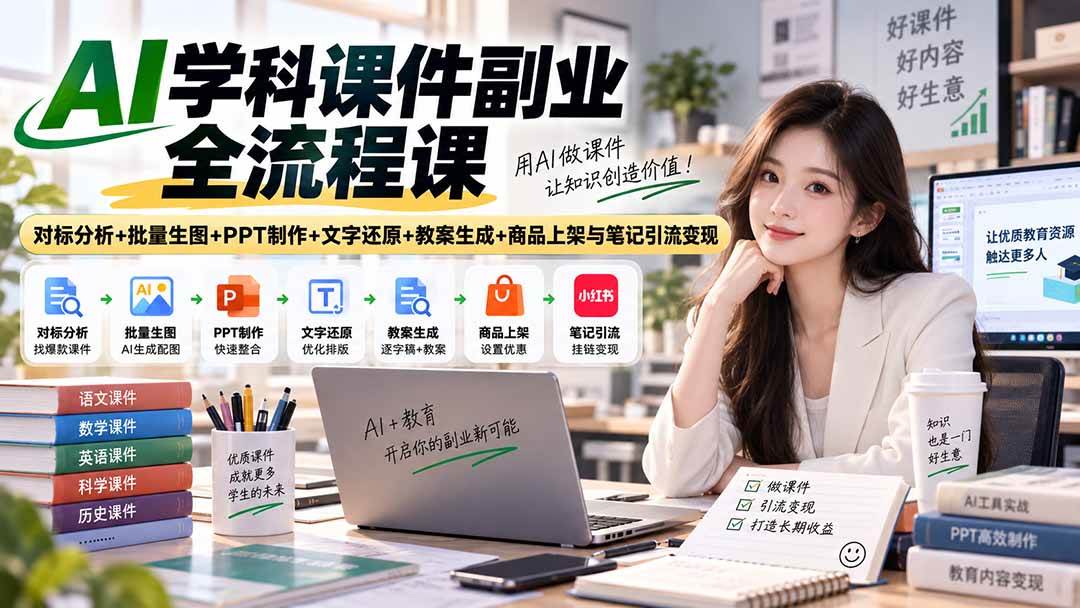 (9.16)AI学科课件副业全流程课｜对标分析+批量生图+PPT制作+文字还原+教案生成+商品上架与笔记引流变现