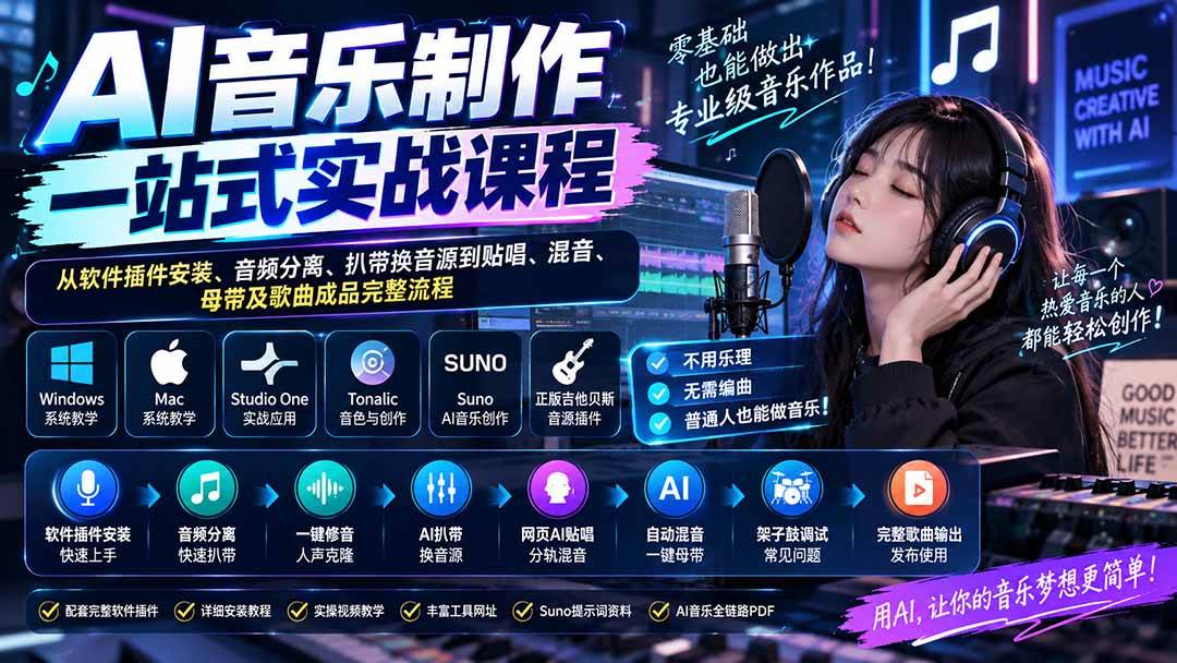 (9.17)AI音乐制作一站式实战课程：从软件插件安装、音频分离、扒带换音源到贴唱、混音、母带及歌曲成品完整流程