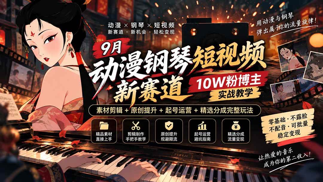 (9.17)9月动漫钢琴短视频新赛道｜10W粉博主实战教学，素材剪辑+原创提升+起号运营+精选分成完整玩法
