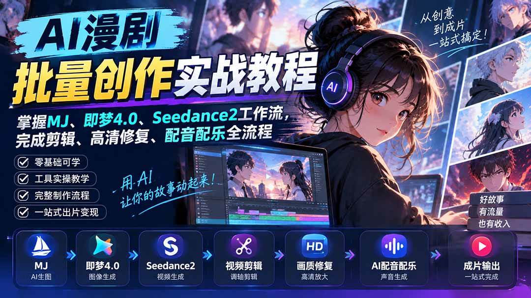 (9.17)AI漫剧批量创作实战教程：掌握MJ、即梦4.0、Seedance2工作流，完成剪辑、高清修复、配音配乐全流程
